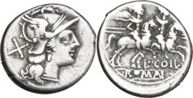 L·COIL series. AR Denarius, Roma, 203 BC. Obv. Helmeted head of Roma right; behind, X. Rev. The Dioscuri galloping right; below, L·COIL; in three side...