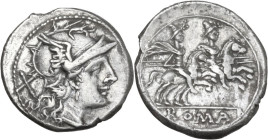 Anonymous. AR Denarius, Roma, 202 BC. Obv. Helmeted head of Roma right; behind, X. Rev. The Dioscuri galloping righ; in linear frame, ROMA. Cr. 53/2; ...
