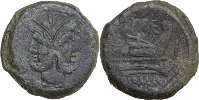 Q. Maenius. AE As, 189-180 BC. Obv. Laureate head of Janus; above, I. Rev. Prow ...