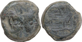 Wolf and twins series. AE As, c. 169-158 BC. Obv. Laureate head of Janus; above, I. Rev. Prow right; above, wolf and twins; before, I; below, ROMA. Cr...
