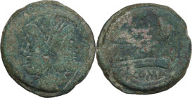 Butterfly and vine branch series. (?). AE As, c. 169-158 BC. Obv. Laureate head of Janus; above I. Rev. Prow right; above, butterfly on vine branch (?...