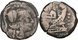 Q. Opimius. AE Triens, c. 169-158 BC. Obv. Helmeted head of Minerva right, above, four pellets. Rev. Prow right; above, OPEI; before, four pellets; be...