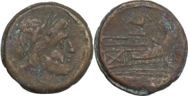 Ass series. AE Semis, c. 169-158 BC. Obv. Laureate head of Saturn right; behind, S. Rev. Prow right; above, ass and before, S. Below, ROMA. Cr. 195/2....