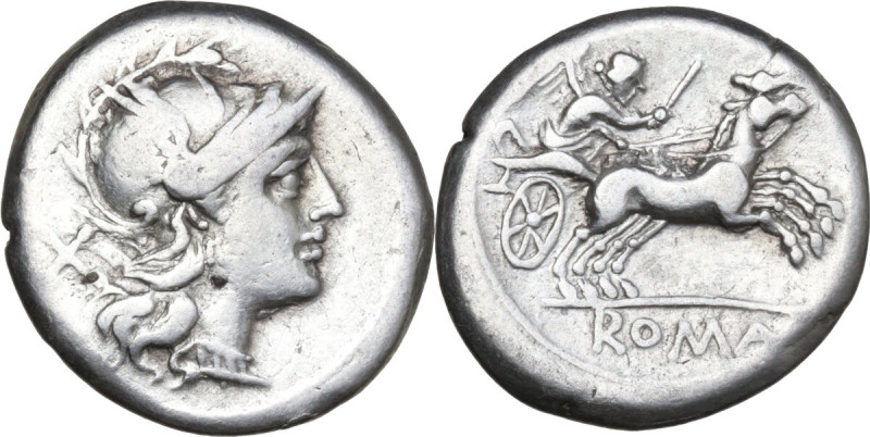Anonymous. AR Denarius, 157-156 BC. Obv. Helmeted head of Roma right; behind, X....