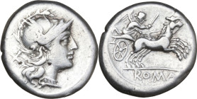 Anonymous. AR Denarius, 157-156 BC. Obv. Helmeted head of Roma right; behind, X. Rev. Victory in biga right, holding goad; below, ROMA (in frame). Cr....