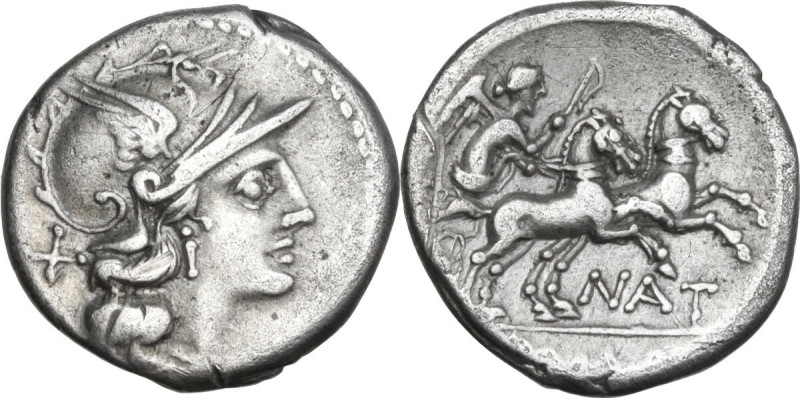 Pinarius Natta. AR Denarius, 155 BC. Obv. Helmeted head of Roma right; behind, X...