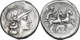 Pinarius Natta. AR Denarius, 155 BC. Obv. Helmeted head of Roma right; behind, X. Rev. Victory in biga right; below, NAT; in exergue, ROMA. Cr. 200/1;...