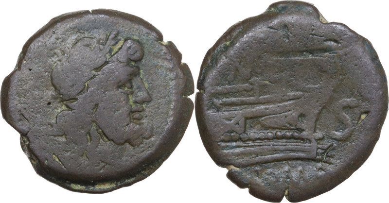 Pinarius Natta. AE Semis, 155 BC. Obv. Laureate head of Saturn right; S to left....
