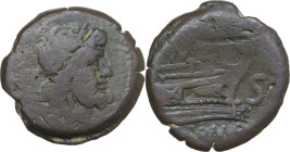 Pinarius Natta. AE Semis, 155 BC. Obv. Laureate head of Saturn right; S to left. Rev. Prow of galley right; NAT above, S to right. Cr. 200/3. AE. 12.8...