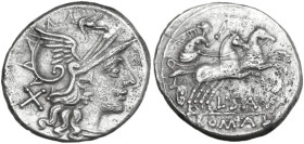 L. Saufeius. AR Denarius, 152 BC. Obv. Helmeted head of Roma right; behind, X. Rev. Victory in biga right; below, L·SAVF (VF ligate); in exergue or in...