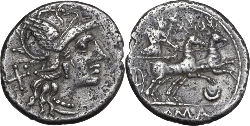 Anonymous. AR Denarius, 143 BC. Obv. Helmeted head of Roma right; behind, X. Rev...