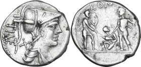 Ti. Veturius. AR Denarius, 137 BC. Obv. Helmeted and draped bust of Mars right; behind, X and TI·VET (VET ligate). Rev. Sacerdos fecialis kneeling lef...