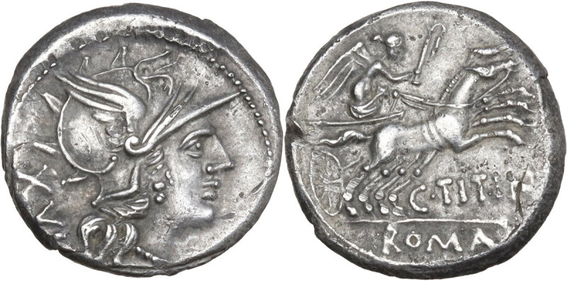 C. Titinius. AR Denarius, 141 BC. Obv. Helmeted head of Roma right with necklace...