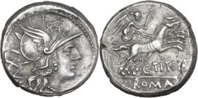 C. Titinius. AR Denarius, 141 BC. Obv. Helmeted head of Roma right with necklace of beads; behind, XVI. Rev. Victory in biga right; below, C·TITINI; i...