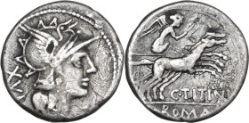 C. Titinius. AR Denarius, 141 BC. Obv. Helmeted head of Roma right with necklace; behind, XVI. Rev. Victory in biga right; below, C·TITINI; in exergue...