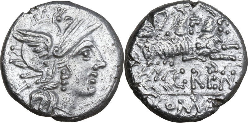 C. Renius. AR Denarius, 138 BC. Obv. Helmeted head of Roma right; behind, X. Rev...