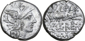 C. Renius. AR Denarius, 138 BC. Obv. Helmeted head of Roma right; behind, X. Rev. Juno in biga of goats right; below, C·RENI; in exergue, ROMA. Cr. 23...