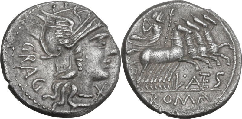 L. Antestius Gragulus. AR Denarius, 136 BC. Obv. Helmeted head of Roma right; be...