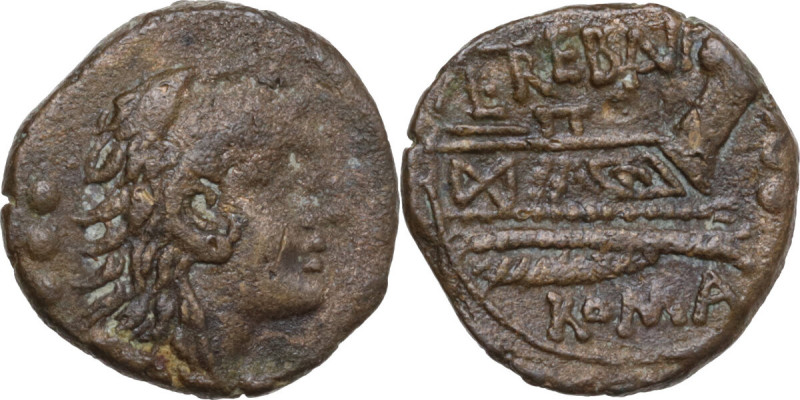 L. Trebanius. AE Quadrans, 135 BC. Obv. Head of Hercules right, wearing lion's s...