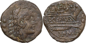 L. Trebanius. AE Quadrans, 135 BC. Obv. Head of Hercules right, wearing lion's skin; behind, three pellets. Rev. L. TREBANI. Prow right; before, three...