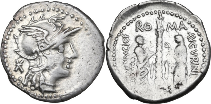 Ti. Minucius Augurinus. AR Denarius, 134 BC. Obv. Helmeted head of Roma right; b...