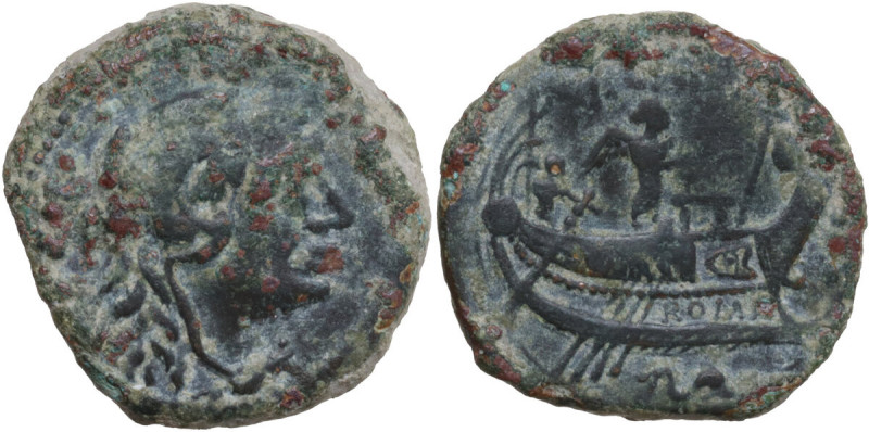 P. Calpurnius. AE Quadrans, 133 BC. Obv. Head of Hercules right; behind, three p...