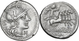 M. Aburius M.f. Geminus. AR Denarius, 132 BC. Obv. Helmeted head of Roma right; behind, GEM; below chin, barred X. Rev. Sol in quadriga right; below, ...