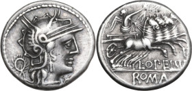 L. Opimius. AR Denarius, 131 BC. Obv. Helmeted head of Roma right; behind, wreath; below chin, barred X. Rev. Victory in quadriga right; below, L·OPEI...