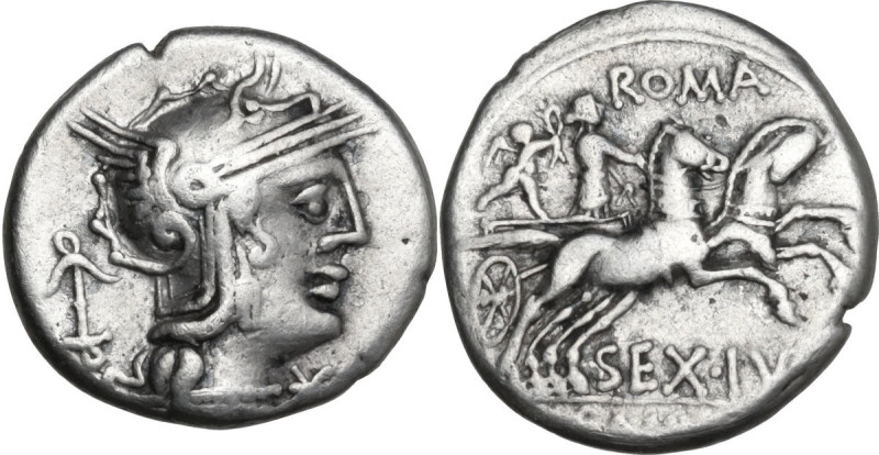 Sex. Julius Caesar. AR Denarius, 129 BC. Obv. Helmeted head of Roma right; behin...