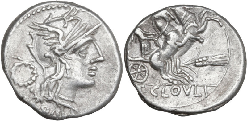 T. Cloelius. AR Denarius, 128 BC. Obv. Helmeted head of Roma right; behind, wrea...