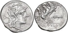 T. Cloelius. AR Denarius, 128 BC. Obv. Helmeted head of Roma right; behind, wreath; below, ROMA. Rev. Victory in biga right; below, corn-ear; in exerg...