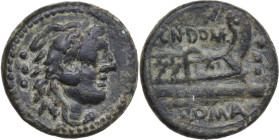 Cn. Domitius Ahenobarbus. AE Quadrans, 128 BC. Obv. Head of hercules right; behind, three pellets. Rev. Prow right; above CN. DOME; before, three pell...