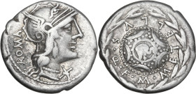 M. Caecilius Q.f. Q.n. Metellus. AR Denarius, 127 BC. Obv. Helmeted head of Roma right; behind, ROMA upwards; below chin, barred X. Rev. Macedonian sh...