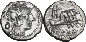 C. Cassius. AR Denarius, 126 BC. Obv. Helmeted head of Roma right; behind, barred, X and voting-urn. Rev. Libertas in quadriga right; below, C·CASSI; ...