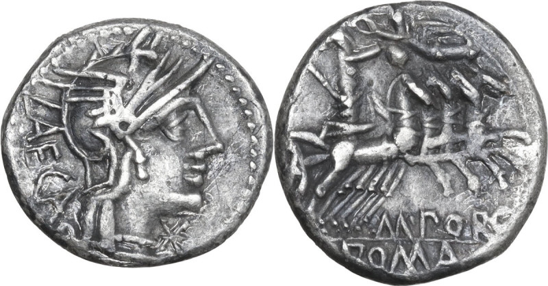 M. Porcius Laeca. AR Denarius, 125 BC. Obv. Helmeted head of Roma right; behind,...