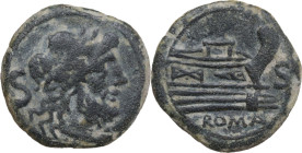 Unofficial anonymous issue. AE Semis. Uncertain mint, post 82 BC. Obv. Laureate head of Saturn right; behind, S. Rev. Prow right; before, S; below, RO...