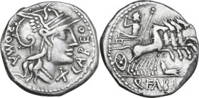 Q. Fabius Labeo. AR Denarius, 124 BC. Obv. Helmeted head of Roma right; behind, ROMA; before, X and LABEO. Rev. Jupiter in quadriga right; holding sce...