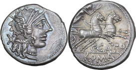 C. Porcius Cato. AR Denarius, Rome mint, 123 BC. Obv. Helmeted head of Roma right; behind, barred X. Rev. Victory in biga right; below, C·CATO; in exe...