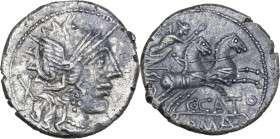 C. Porcius Cato. AR Denarius, Rome mint, 123 BC. Obv. Helmeted head of Roma right; behind, barred X. Rev. Victory in biga right; below, C·CATO; in exe...