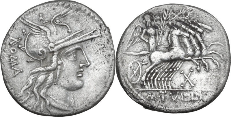 M. Tullius. AR Denarius, 120 BC. Obv. Helmeted head of Roma right; behind, ROMA....
