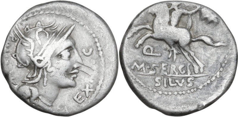 M. Sergius Silus. AR Denarius, 116 or 115 BC. Obv. Helmeted head of Roma right; ...