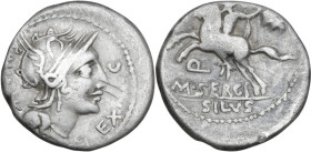 M. Sergius Silus. AR Denarius, 116 or 115 BC. Obv. Helmeted head of Roma right; behind, ROMA and barred X; on right, EX·S·C. Rev. Horseman galloping l...
