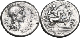 M. Cipius M.f. AR Denarius, 115 or 114 BC. Obv. Helmeted head of Roma right; behind, X; on right, M·CIPI·M·F. Rev. Victory in biga right; below, rudde...