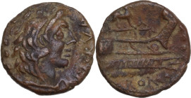 P. Nerva. AE Quadrans, 113-112 BC. Obv. Head of Hercules right wearing lion's skin; behind, three pellets; before, P NERVA. Rev. Prow right; above, ho...