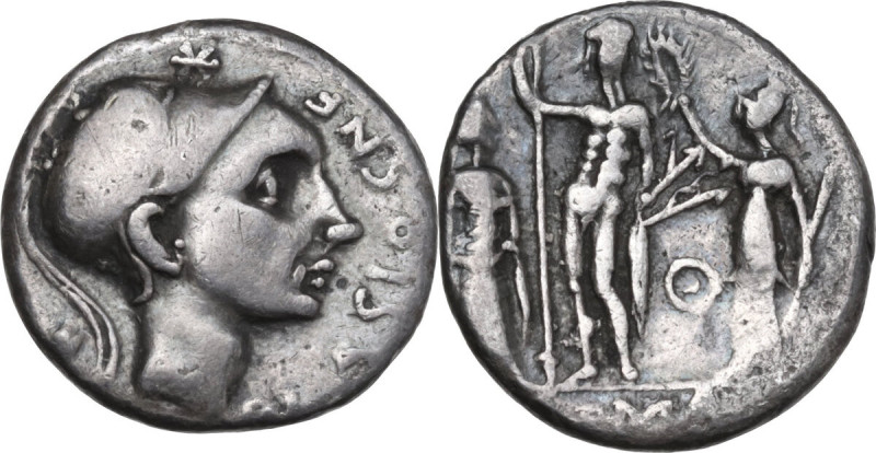 Cn. Blasio Cn.f. AR Denarius, 112-111 BC. Obv. Helmeted head right (Scipio Afric...