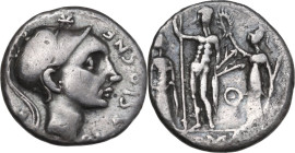 Cn. Blasio Cn.f. AR Denarius, 112-111 BC. Obv. Helmeted head right (Scipio Africanus the Elder or Blasio?); above, barred X; behind, bucranium; before...