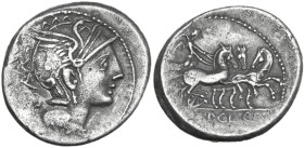 Appius Claudius Pulcher, T. Manlius Mancinus and Q. Urbinius. AR Denarius, 111 or 110 BC. Obv. Helmeted head of Roma right; behind, quadrangular devic...
