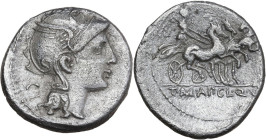 Appius Claudius Pulcher, T. Manlius Mancinus and Q. Urbinius. AR Denarius, 111 or 110 BC. Obv. Helmeted head of Roma right; behind, quadrangular devic...