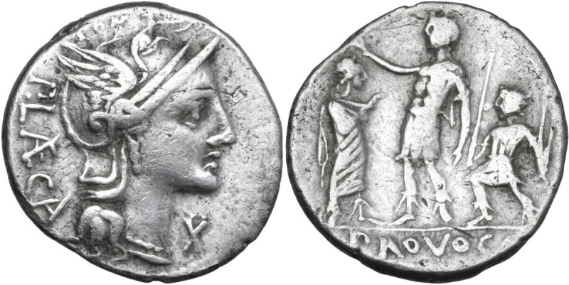 P. Laeca. AR Denarius, 110 or 109 BC. Obv. Helmeted head of Roma right; above, [...