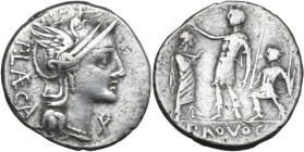 P. Laeca. AR Denarius, 110 or 109 BC. Obv. Helmeted head of Roma right; above, [ROMA]; behind, P·LAECA; below chin, X. Rev. Roman warrior standing lef...